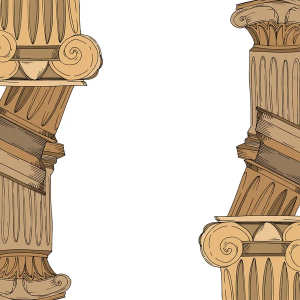 Vector Antieke Griekse amforen en kolommen. Zwart-wit gegraveerde inktkunst. Frame rand ornament vierkant. — Stockvector