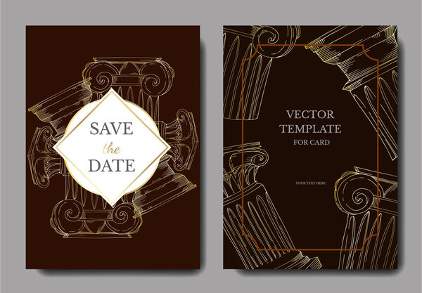 Vector Antique greek columns element. Black and white engraved ink art. Wedding background card.