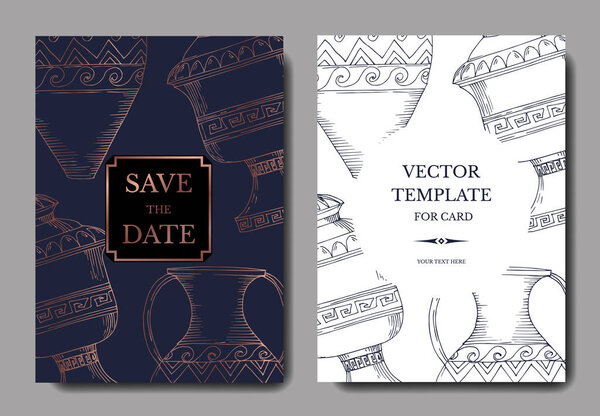 Vector Antique greek amphoras element. Black and white engraved ink art. Wedding background card.