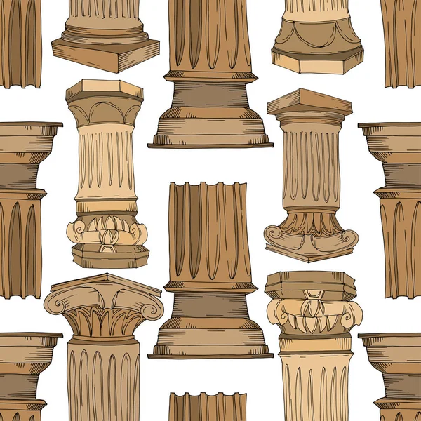 Vector Columnas griegas antiguas. Tinta grabada en blanco y negro. Patrón de fondo sin costuras . — Archivo Imágenes Vectoriales