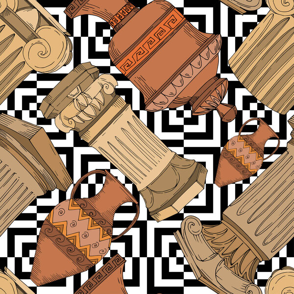 Vector Antique greek amphoras and columns. Black and white engraved ink art. Seamless background pattern.