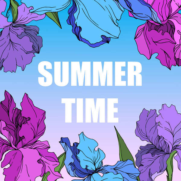 Vector Iris floral botanical flowers. Black and white engraved ink art. Frame border ornament square.