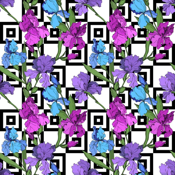 Vektor Iris blomsterbotaniske blomster. Svart og hvit inngravert blekkkunst. Sømløst bakgrunnsmønster . – stockvektor