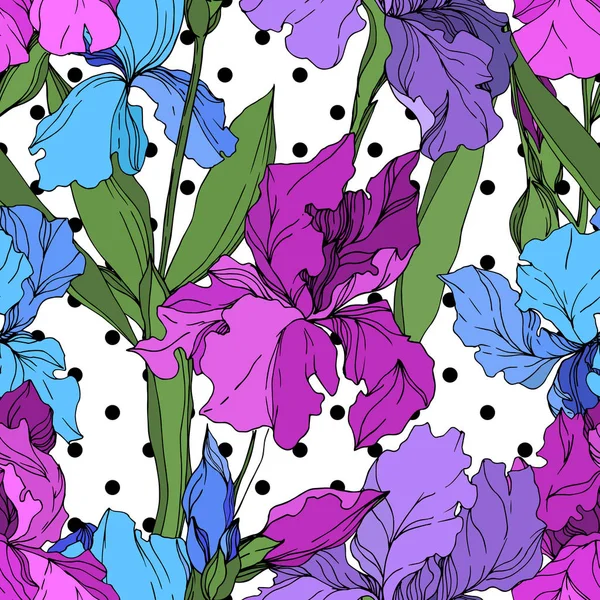 Vector Iris flores botánicas florales. Tinta grabada en blanco y negro. Patrón de fondo sin costuras . — Vector de stock