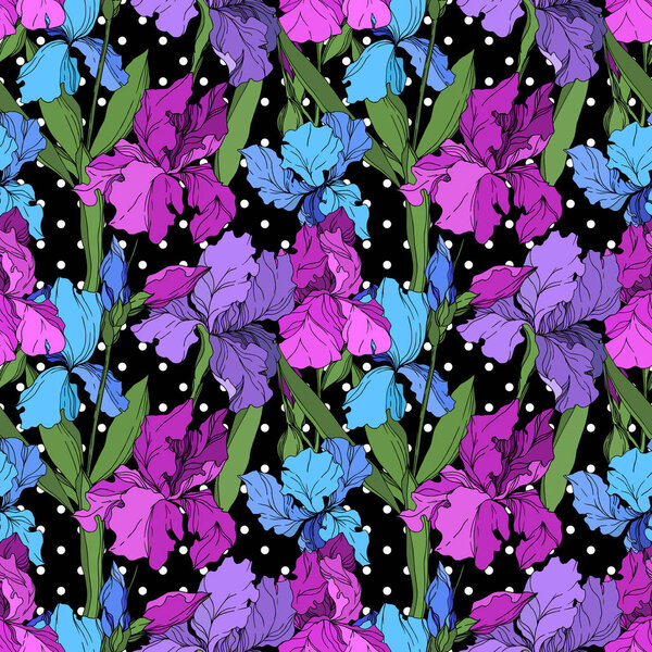 Векторные ирис цветочные ботанические цветы. Черно-белый рисунок чернил. Бесшовный рисунок фона
.