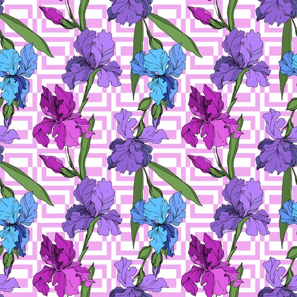 Vektor-Iris florale botanische Blumen. Schwarz-weiß gestochene Tuschekunst. nahtloses Hintergrundmuster. — Stockvektor