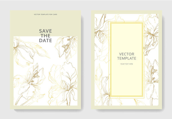 Vector Iris floral botanical flowers. Black and white engraved ink art. Wedding background card decorative border.