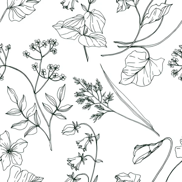Vector Wildflowers flores botánicas florales. Tinta grabada en blanco y negro. Patrón de fondo sin costuras . — Vector de stock
