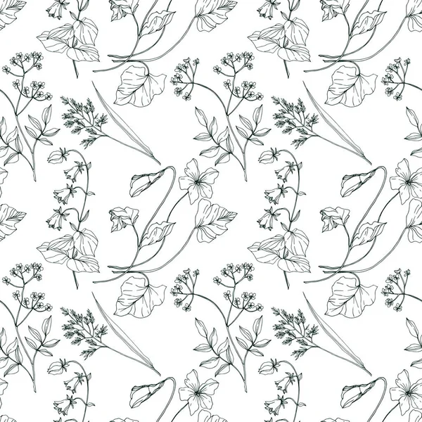 Vector Wildflowers flores botánicas florales. Tinta grabada en blanco y negro. Patrón de fondo sin costuras . — Archivo Imágenes Vectoriales