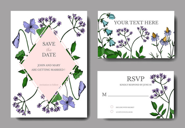 Vector Wildflowers botanical flowers. Black and white engraved ink art. Wedding background card decorative border.