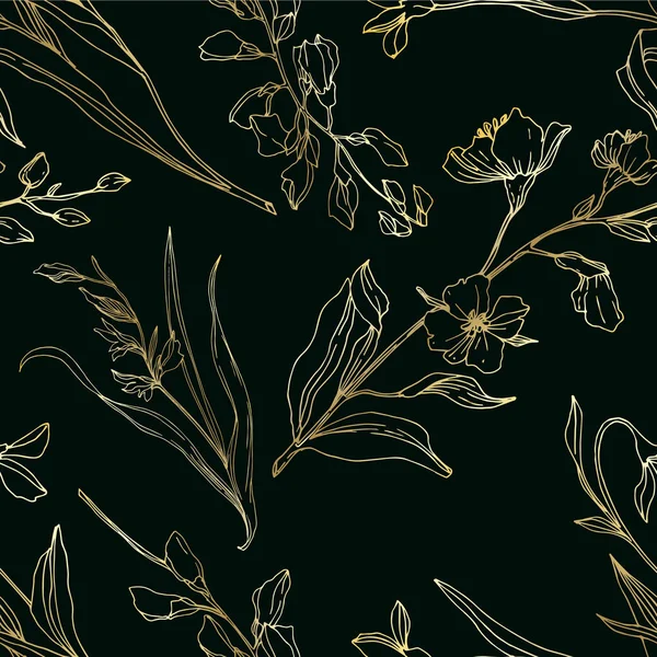 ベクトル野花植物花。黒と白の刻まインクアート。シームレスな背景パターン. — ストックベクタ