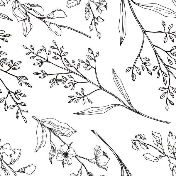 ベクトル野花植物花。黒と白の刻まインクアート。シームレスな背景パターン. — ストックベクタ