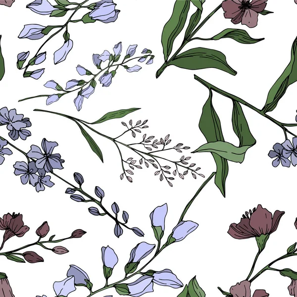 Vektor vildblomma blommiga botaniska blommor. Svart och vit graverad bläckkonst. Sömlös bakgrund mönster. — Stock vektor