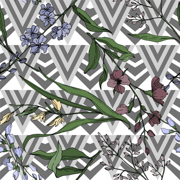 Векторные цветочные ботанические цветы. Черно-белый рисунок чернил. Бесшовный рисунок фона
.