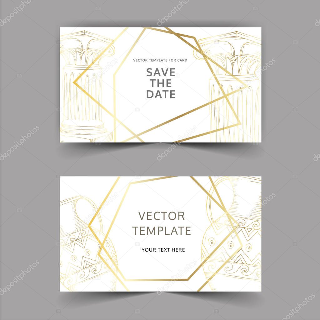 Vector Antique greek amphoras and columns element. Black and white engraved ink art. Wedding background card.