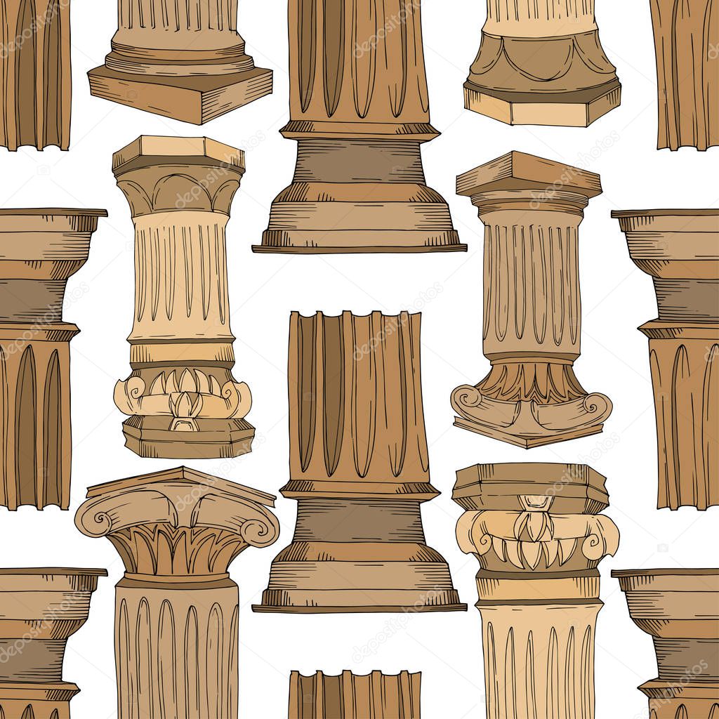 Vector Antique greek columns. Black and white engraved ink art. Seamless background pattern.