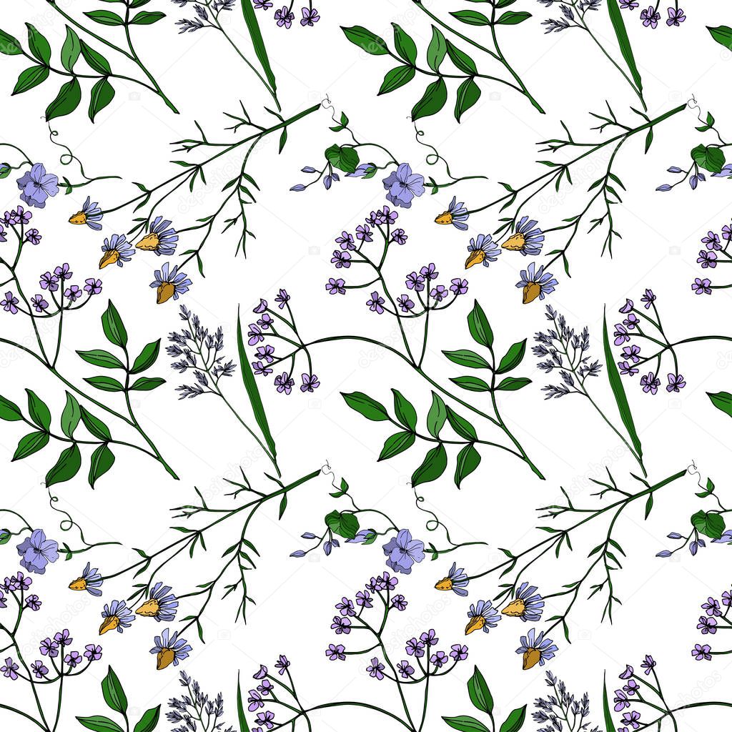 Vector Wildflowers floral botanical flowers. Black and white engraved ink art. Seamless background pattern.