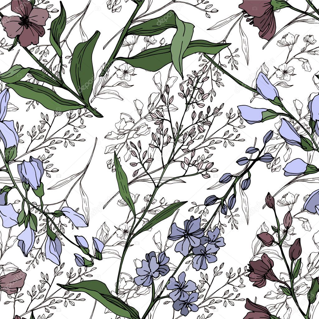 Vector Wildflower floral botanical flowers. Black and white engraved ink art. Seamless background pattern.