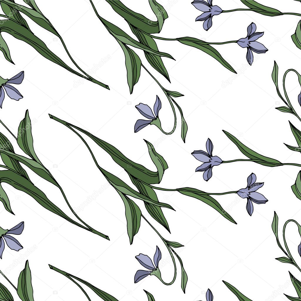 Vector Wildflower floral botanical flowers. Black and white engraved ink art. Seamless background pattern.