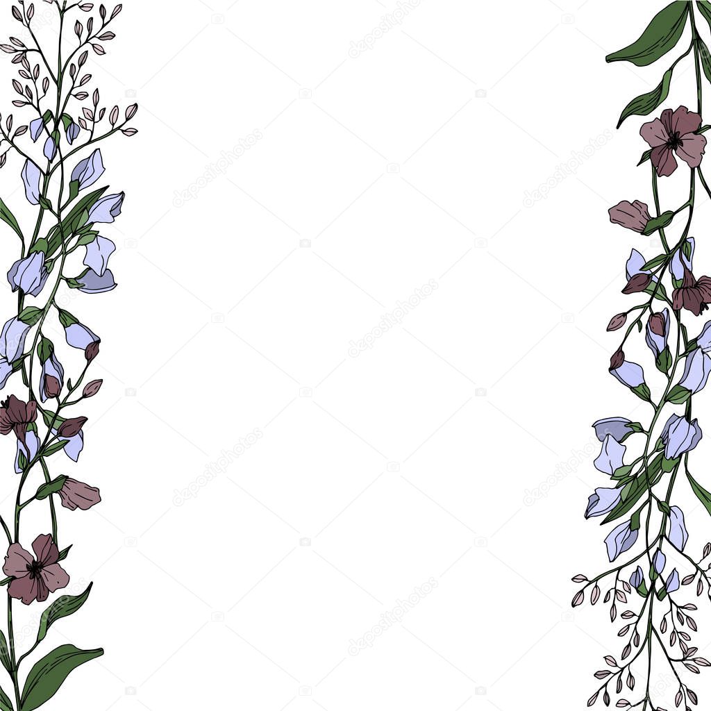 Vector Wildflower floral botanical flowers. Black and white engraved ink art. Frame border ornament square.