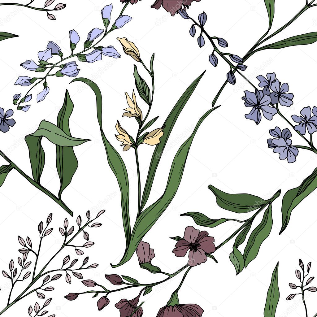 Vector Wildflower floral botanical flowers. Black and white engraved ink art. Seamless background pattern.