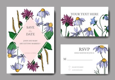 Vektör Yabani Çiçekler botanik çiçekleri. Siyah beyaz işlemeli mürekkep sanatı. Düğün arkaplanı dekoratif kenar.