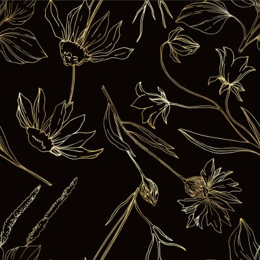 Vektör Yaban Çiçekleri çiçek botanik çiçekleri. Siyah beyaz işlemeli mürekkep sanatı. Kusursuz arkaplan deseni.