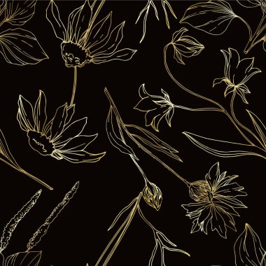 Vektör Yaban Çiçekleri çiçek botanik çiçekleri. Siyah beyaz işlemeli mürekkep sanatı. Kusursuz arkaplan deseni.