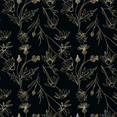 Vektör Yaban Çiçekleri çiçek botanik çiçekleri. Siyah beyaz işlemeli mürekkep sanatı. Kusursuz arkaplan deseni.