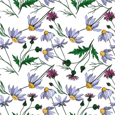 Vector wildflowers floral botanical flowers. Black and white engraved ink art. Seamless background pattern. clipart