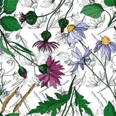 Vector wildflowers floral botanical flowers. Black and white engraved ink art. Seamless background pattern. clipart
