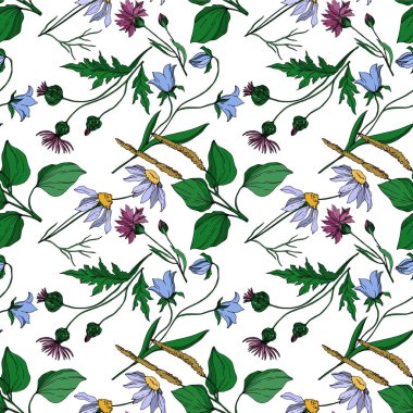 Vektör Yaban Çiçekleri çiçek botanik çiçekleri. Siyah beyaz işlemeli mürekkep sanatı. Kusursuz arkaplan deseni.