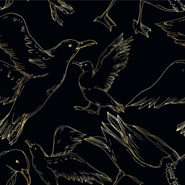 Vector Sky bird seagull isolated. Black and white engraved ink art. Seamless background pattern. clipart