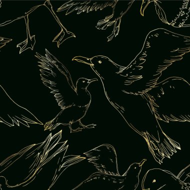 Vector Sky bird seagull isolated. Black and white engraved ink art. Seamless background pattern. clipart