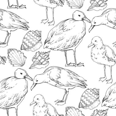 Vector Sky bird seagull in a wildlife isolated. Black and white engraved ink art. Seamless background pattern. clipart