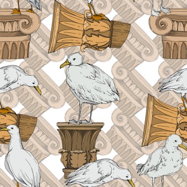 Vector Sky bird seagull in a wildlife isolated. Black and white engraved ink art. Seamless background pattern. clipart