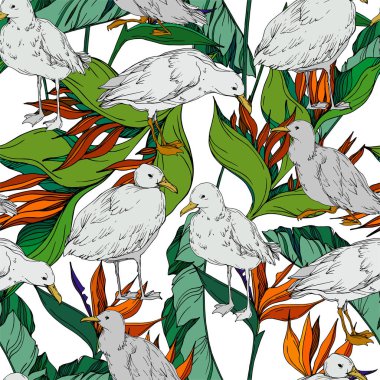 Vektör Gökyüzü kuş martı izole bir yaban hayatı. Siyah ve beyaz oyulmuş mürekkep sanatı. Kesintisiz arka plan deseni.