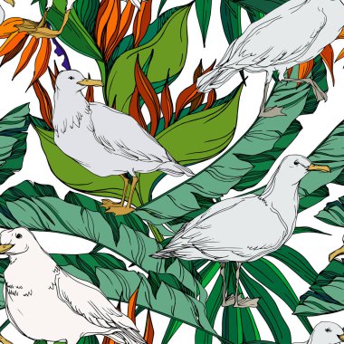 Vektör Gökyüzü kuş martı bir yaban hayatı içinde. Siyah ve beyaz oyulmuş mürekkep sanatı. Kesintisiz arka plan deseni.