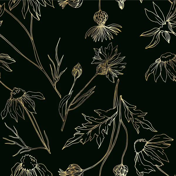 Vector Wildflowers flores botânicas florais. Tinta gravada a preto e branco. Padrão de fundo sem costura . —  Vetores de Stock