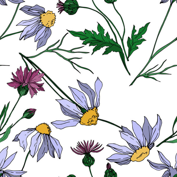 Vector wildflowers floral botanical flowers. Black and white engraved ink art. Seamless background pattern.