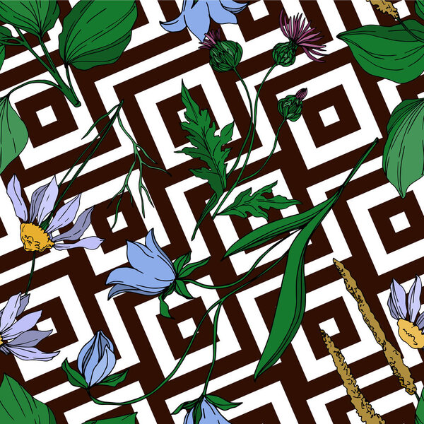 Векторные дикие цветы цветочные ботанические цветы. Черно-белый рисунок чернил. Бесшовный рисунок фона
.