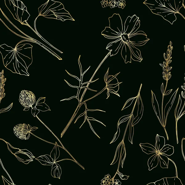 Vector Wildflower flores botânicas florais. Tinta gravada a preto e branco. Padrão de fundo sem costura . —  Vetores de Stock