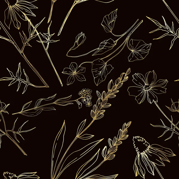 Vector Wildflower flores botânicas florais. Tinta gravada a preto e branco. Padrão de fundo sem costura . —  Vetores de Stock