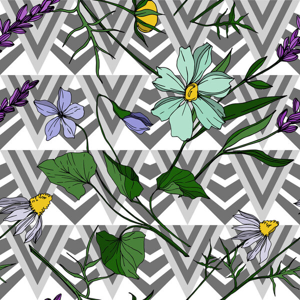 Vector wildflower floral botanical flowers. Black and white engraved ink art. Seamless background pattern.