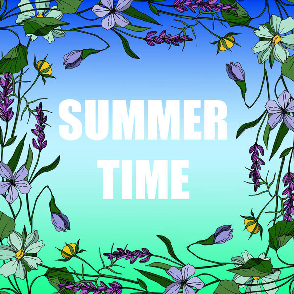 Vector wildflower floral botanical flowers. Black and white engraved ink art. Frame border ornament square.