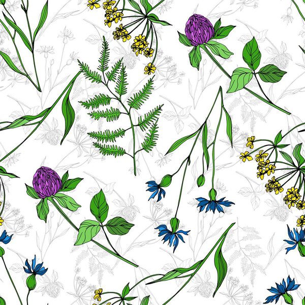 Vector Wildflowers floral botanical flowers. Black and white engraved ink art. Seamless background pattern.