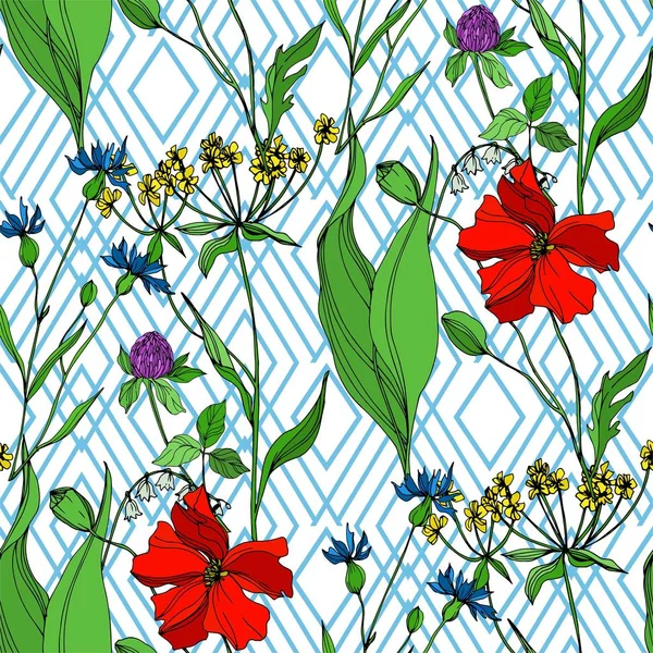 Vektor Wildflowers květinové botanické květiny. Černobílý rytý inkoust. Bezproblémové pozadí vzor. — Stockový vektor