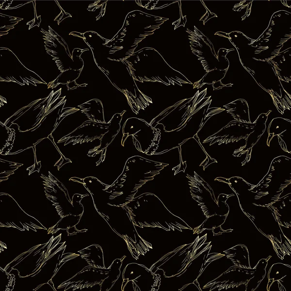 Vector Sky pájaro gaviota aislado. Tinta grabada en blanco y negro. Patrón de fondo sin costuras . — Vector de stock