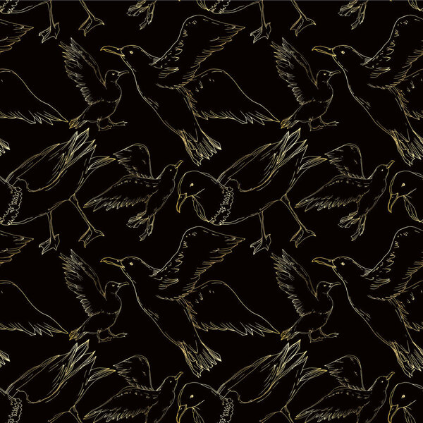 Vector Sky bird seagull isolated. Black and white engraved ink art. Seamless background pattern.