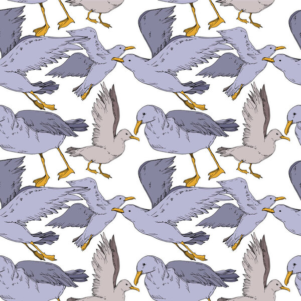 Vector Sky bird seagull isolated. Black and white engraved ink art. Seamless background pattern.